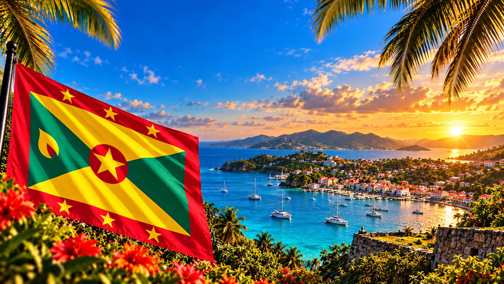 Tropical campaign artwork adapted from the AFI Grenada flyer: Grenada flag, palms, flowers and a golden harbor sunset